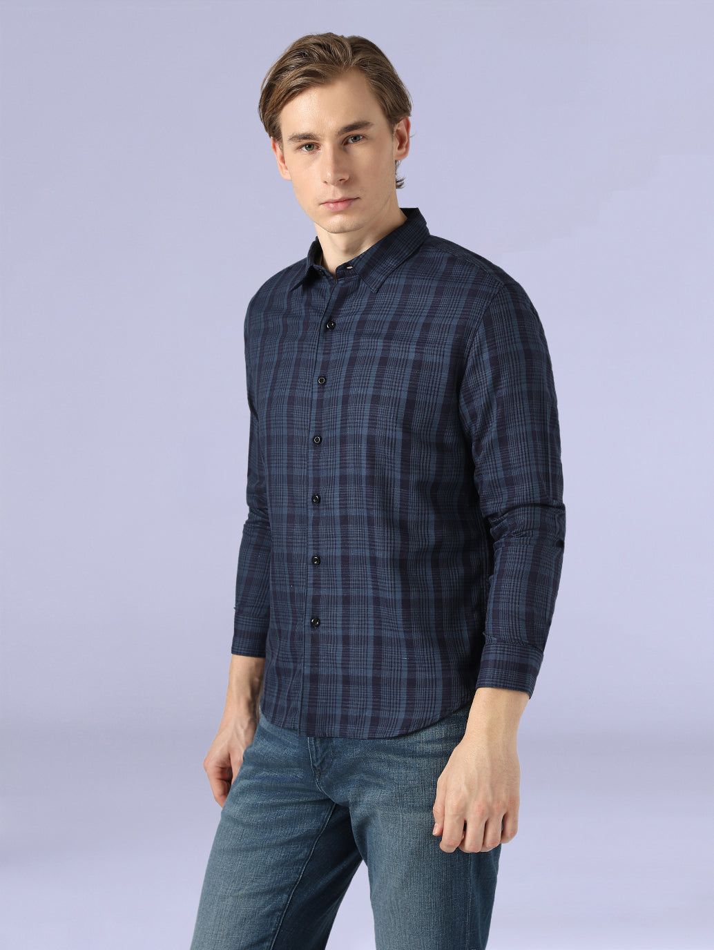 Men's Checkered Slim Fit Redloop Linen Shirt - Side View