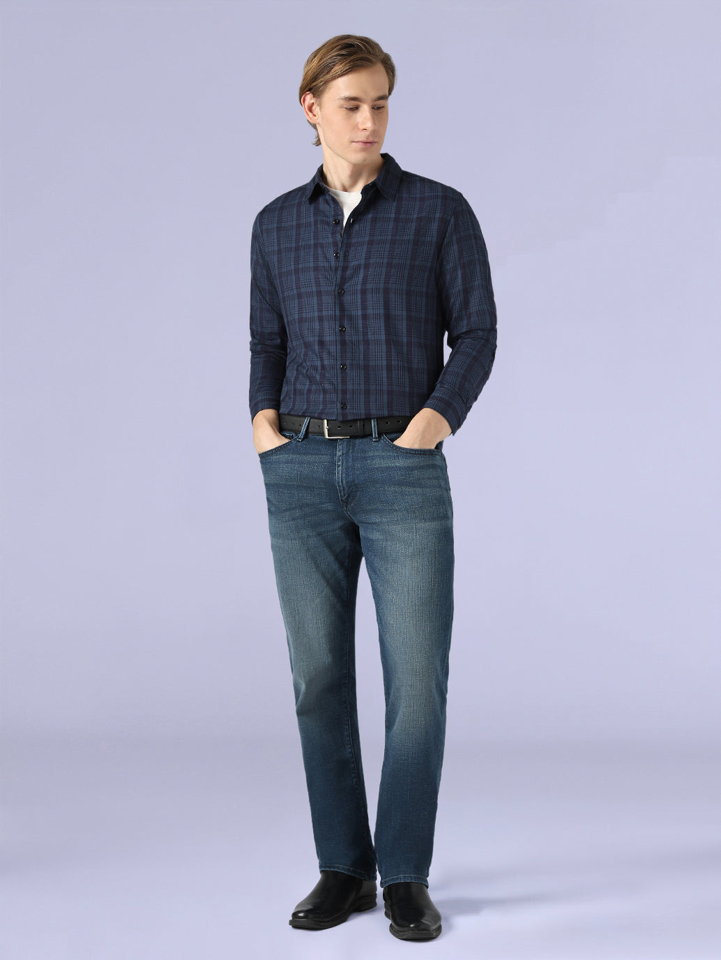 Men's Checkered Slim Fit Redloop Linen Shirt - Full View