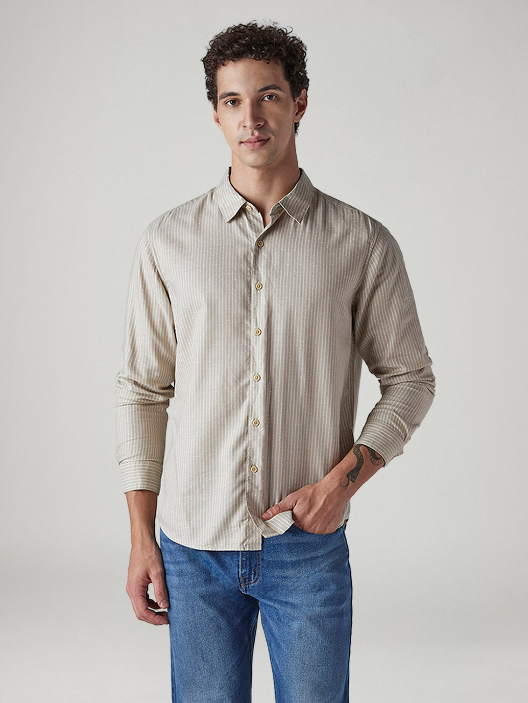 Men's Striped Slim Fit Linen Shirt - Front View