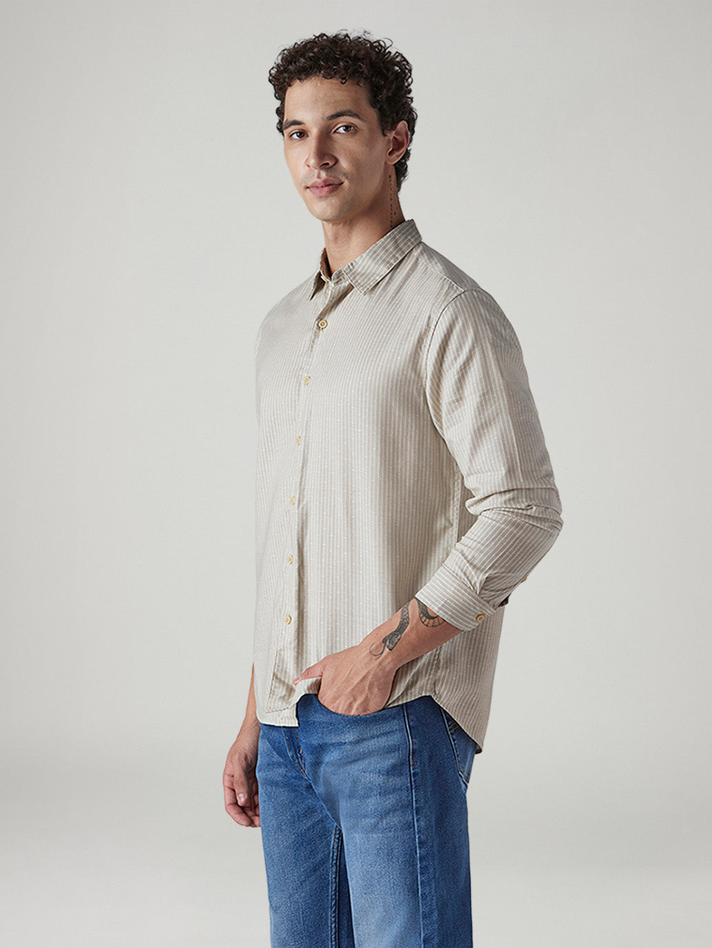 Men's Striped Slim Fit Linen Shirt - Side View