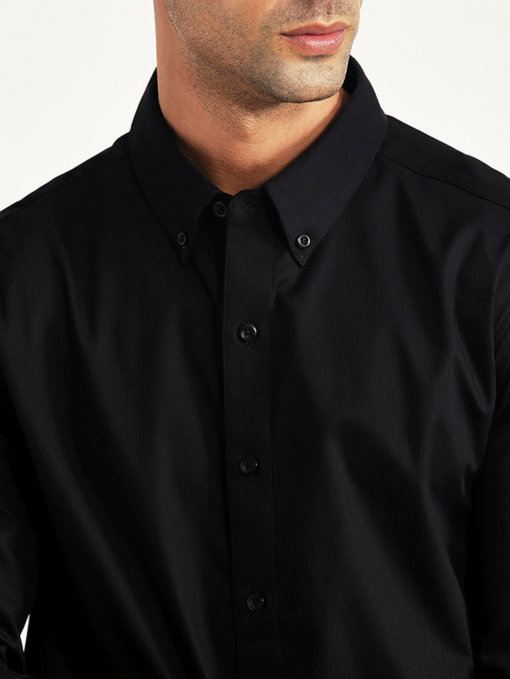 Men's Textured Black Slim Fit Shirt - Detail View