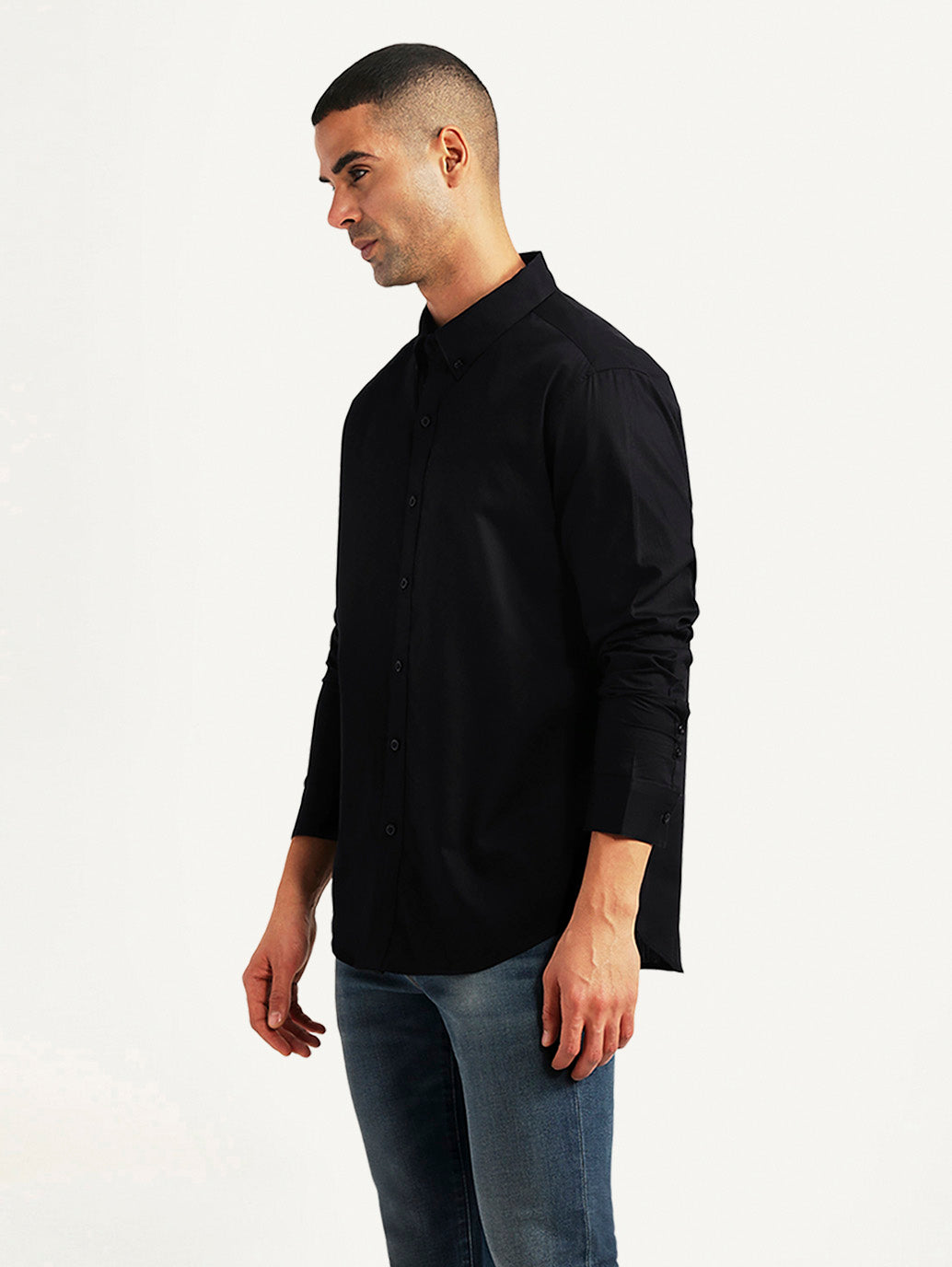 Men's Textured Black Slim Fit Shirt - Side View