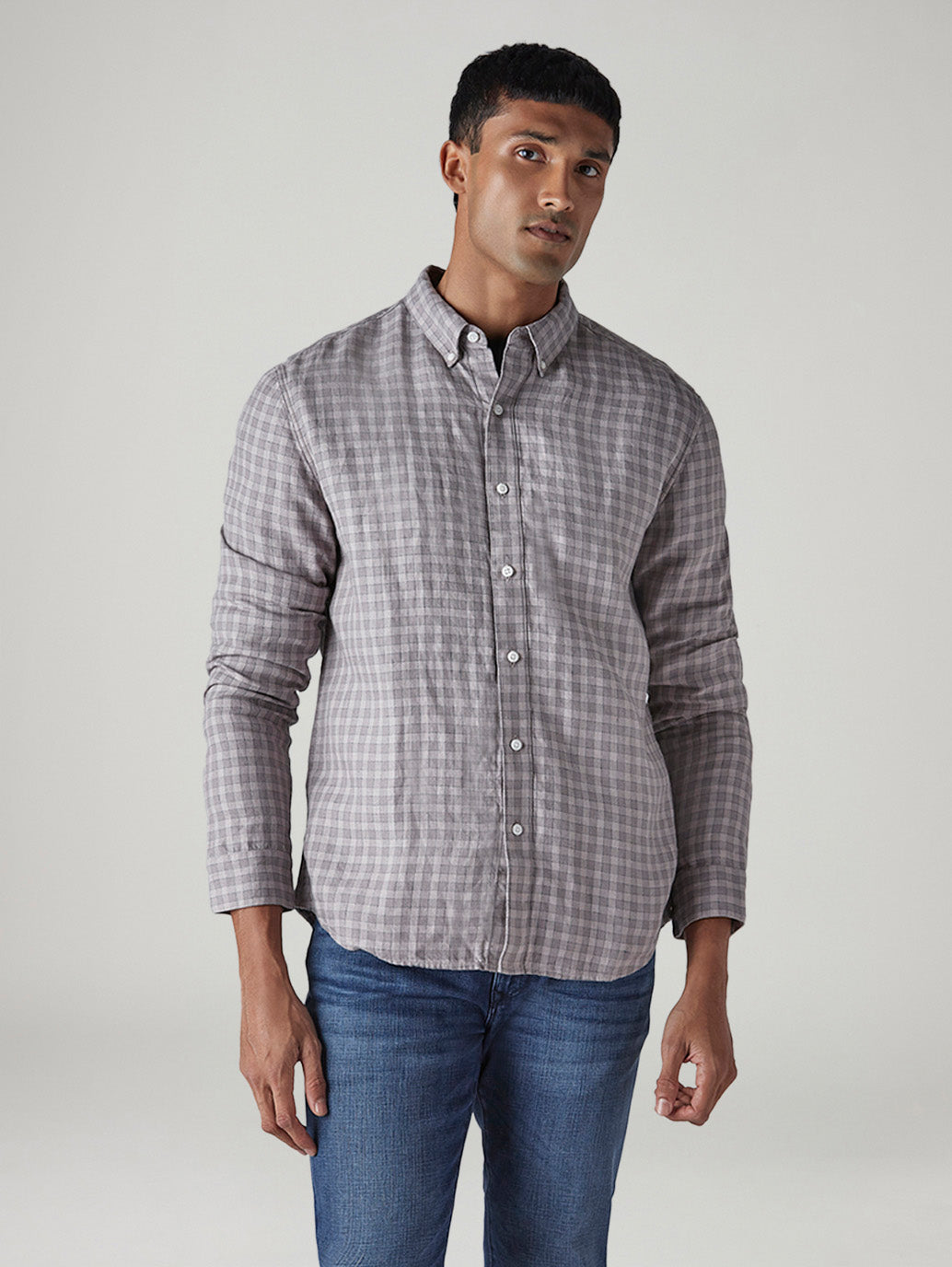 Men's Redloop Checkered Slim Fit Linen Shirt - Front View