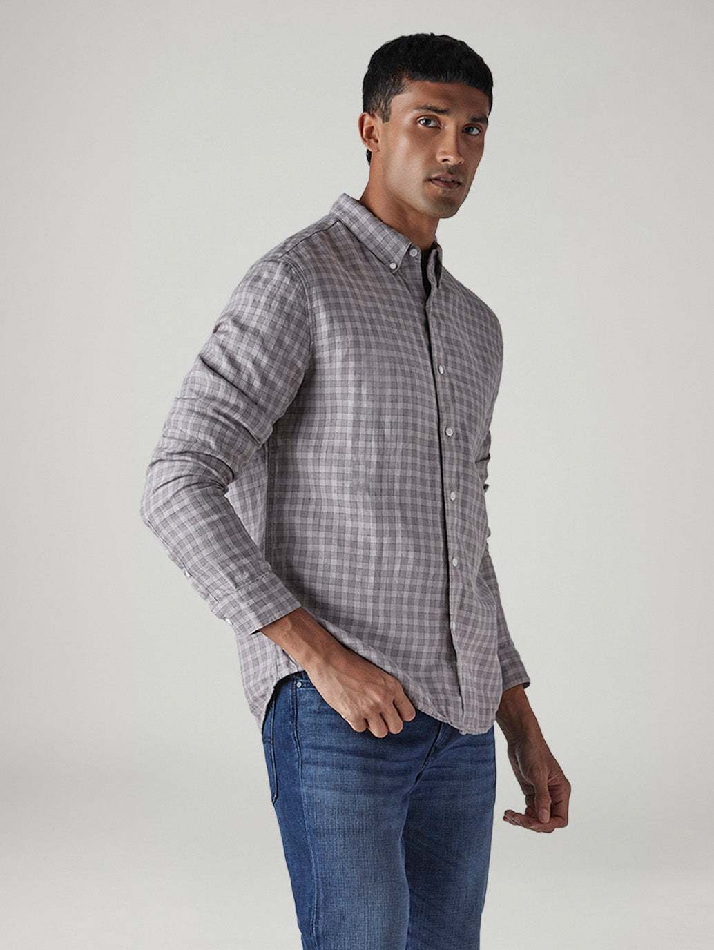 Men's Redloop Checkered Slim Fit Linen Shirt - Side View