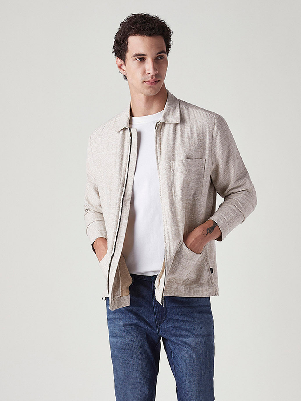 Men's Self Design Beige Linen Jackets