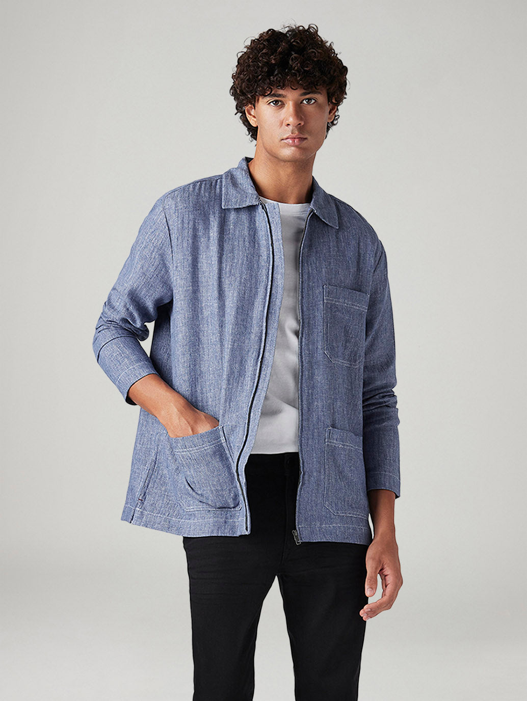 Men's Solid Blue Linen Shacket