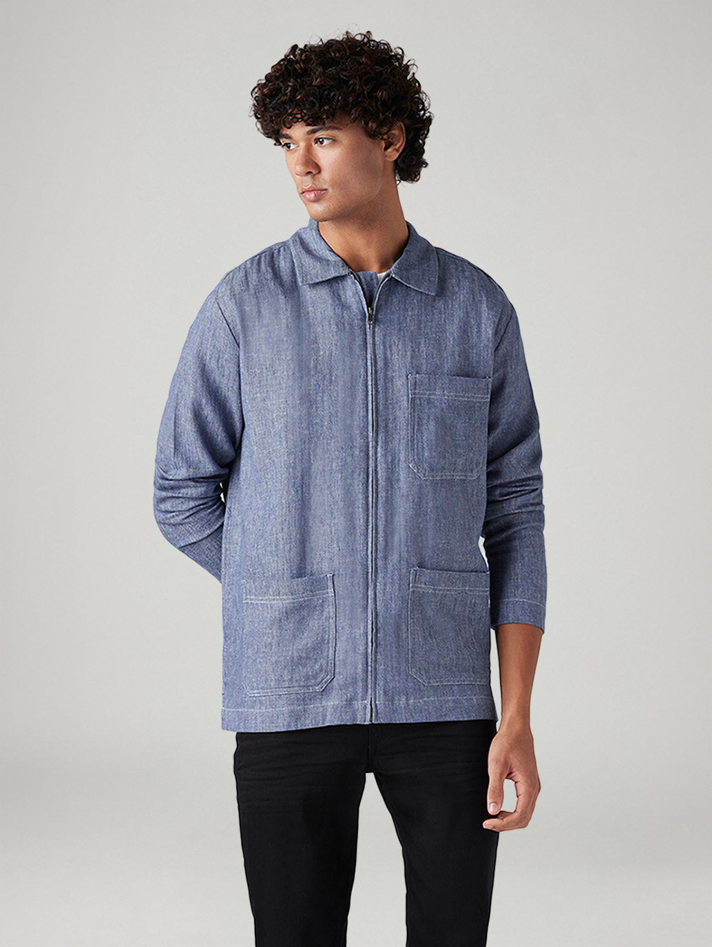 Men's Solid Blue Linen Shacket - Front View