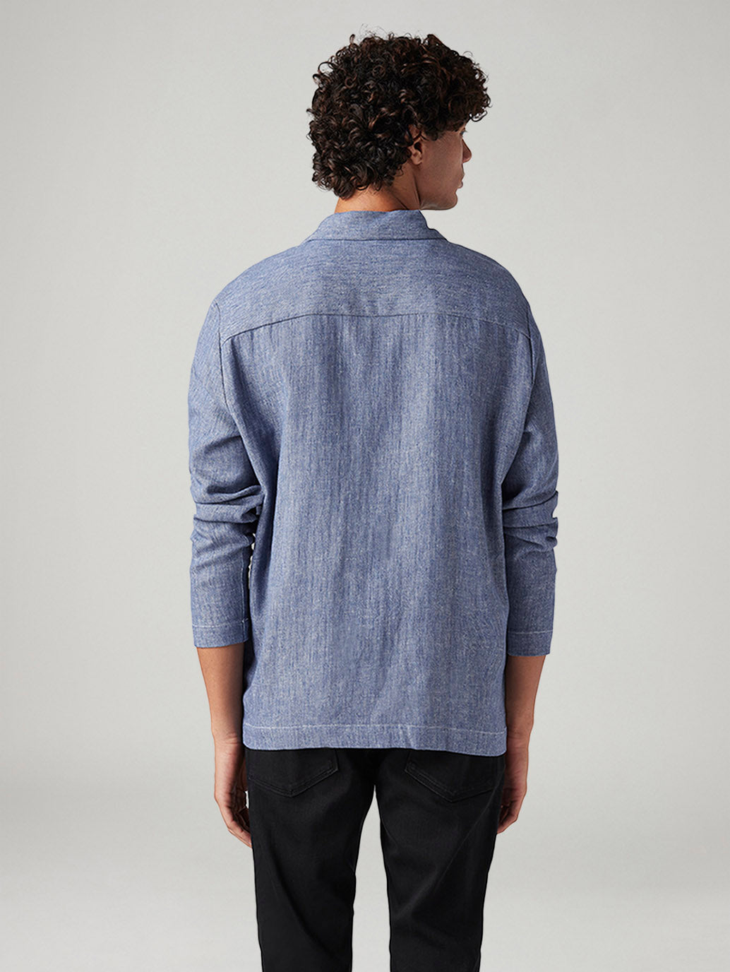 Men's Solid Blue Linen Shacket - Back View