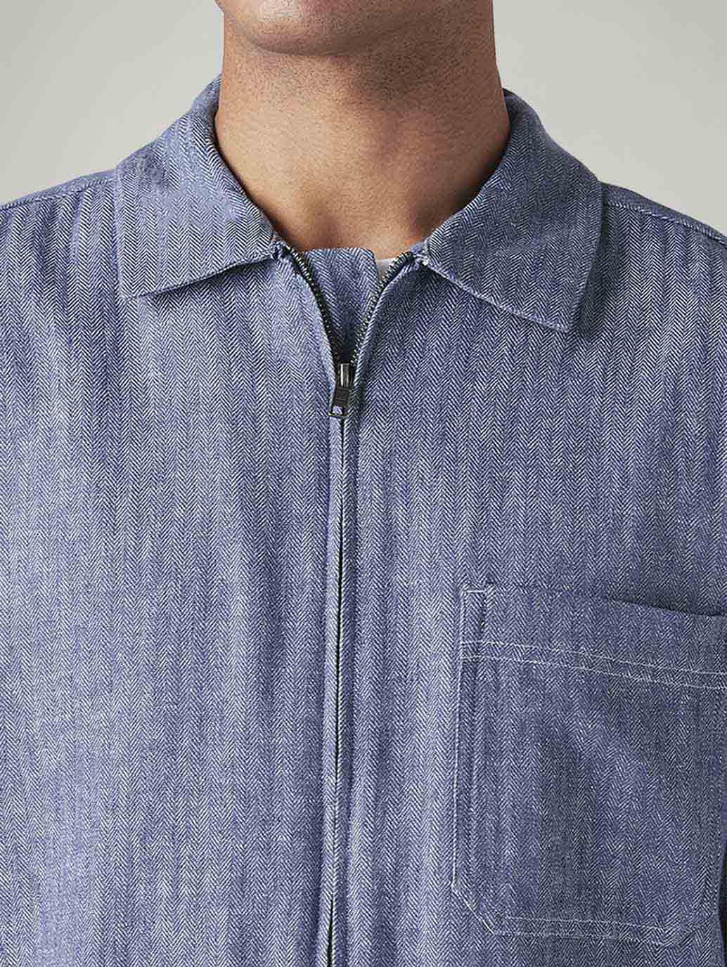 Men's Solid Blue Linen Shacket - Detail View