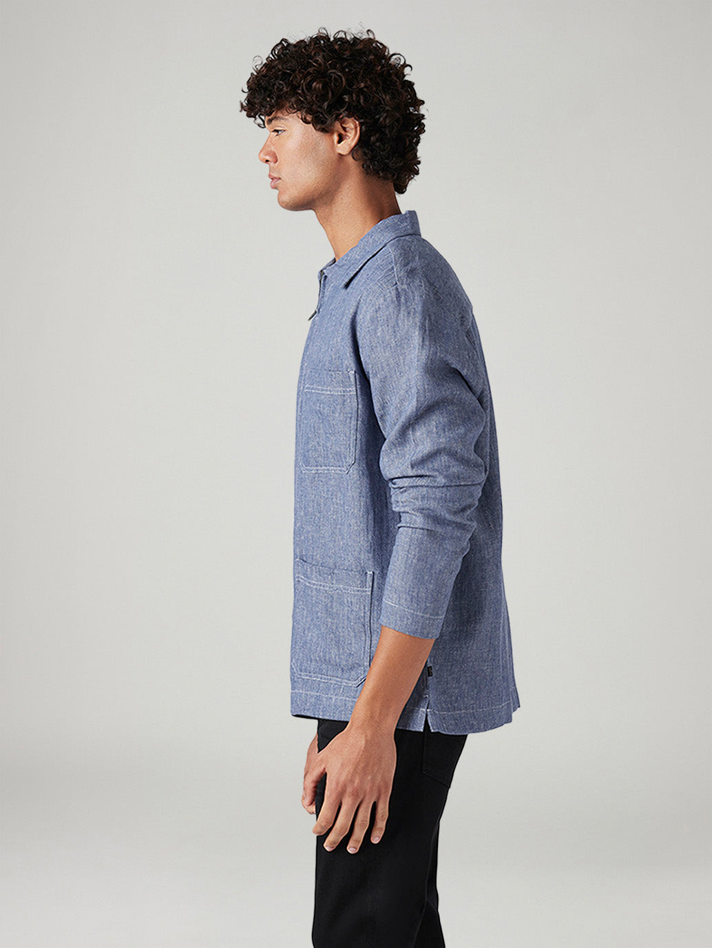 Men's Solid Blue Linen Shacket - Side View