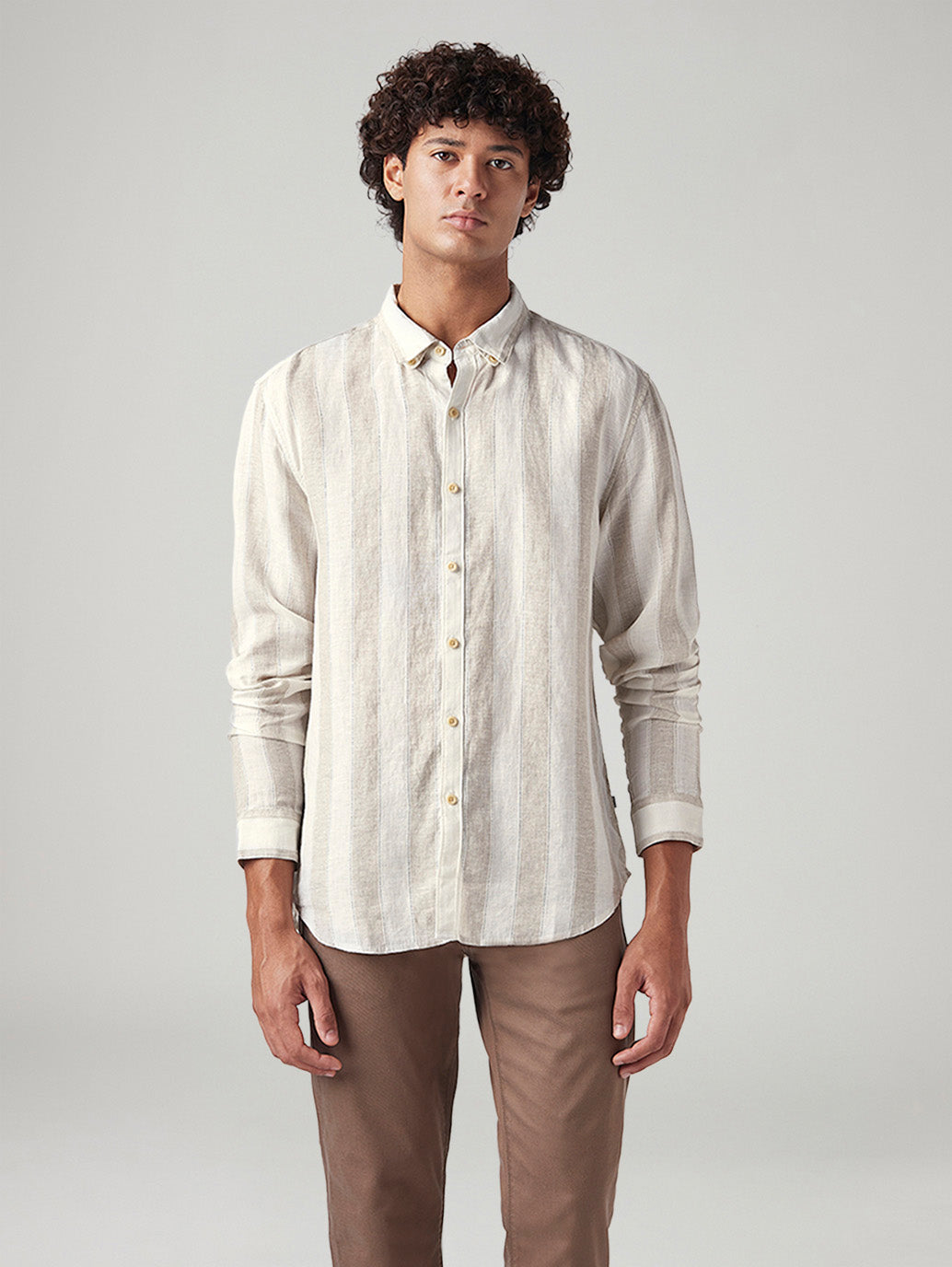 Men's Striped Slim Fit Linen Shirt - Front View