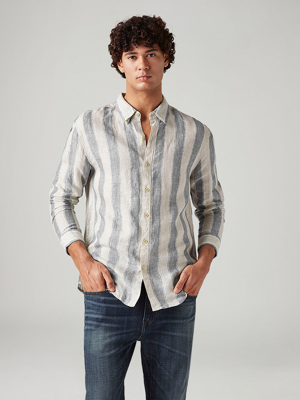 Men's Striped Slim Fit Linen Shirt - Styleshot View