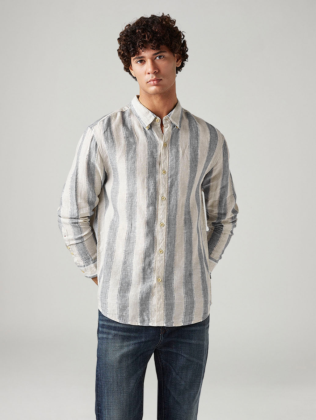 Men's Striped Slim Fit Linen Shirt - Front View