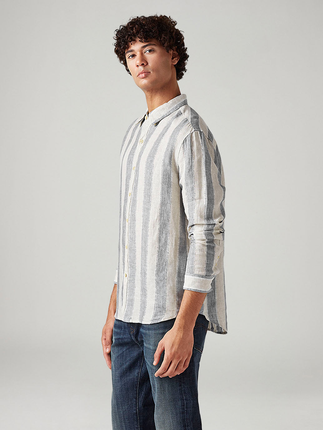 Men's Striped Slim Fit Linen Shirt - Side View
