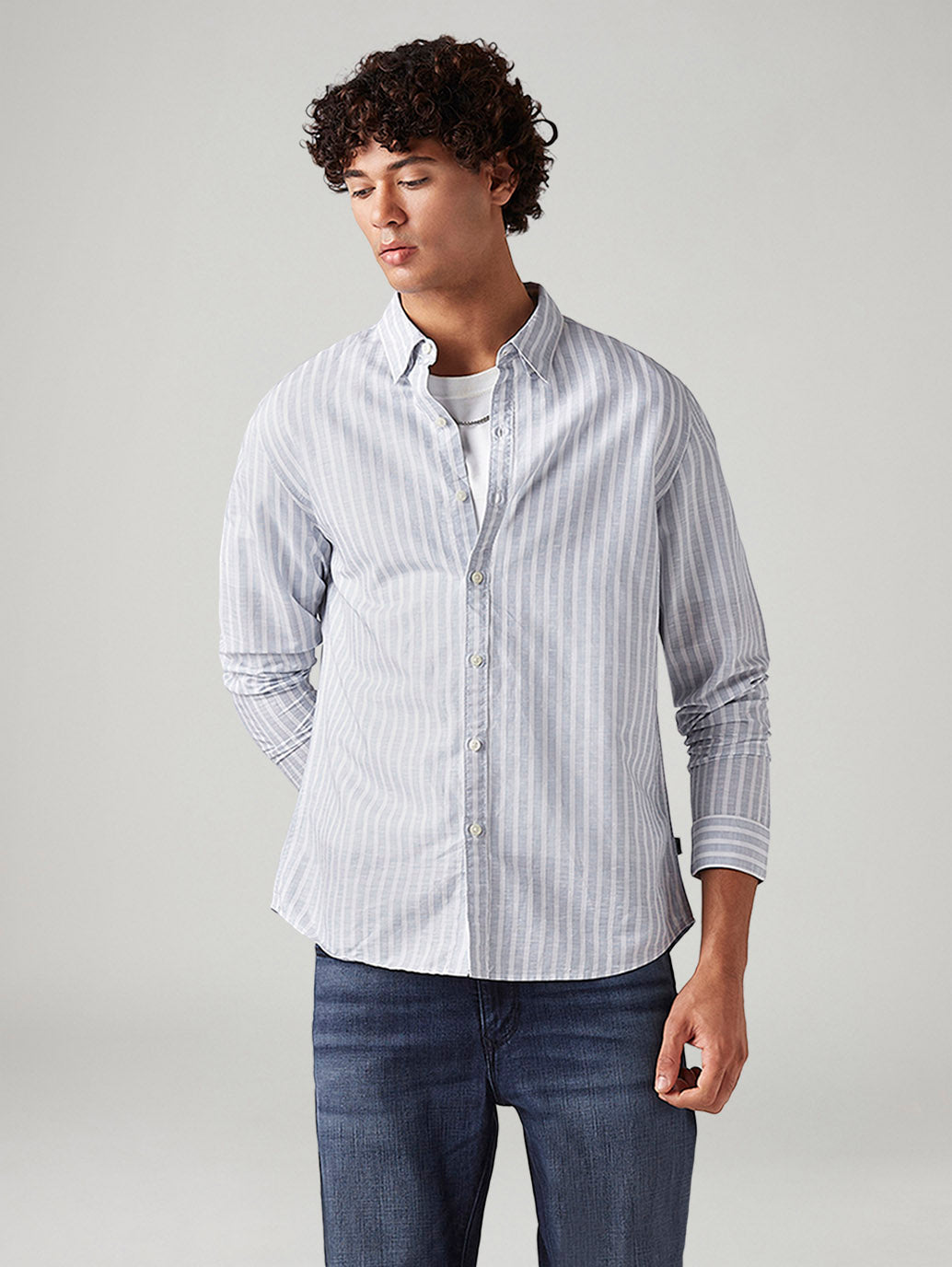 Men's Striped Slim Fit Linen Shirt - Styleshot View