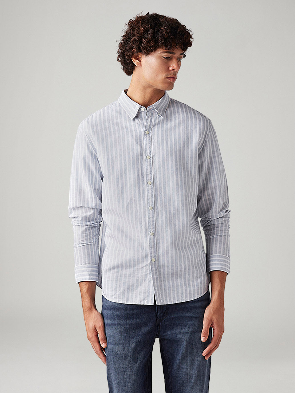 Men's Striped Slim Fit Linen Shirt - Front View
