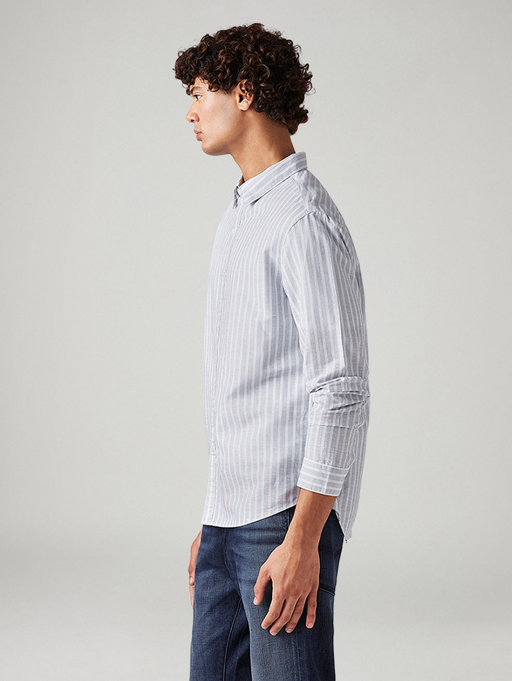Men's Striped Slim Fit Linen Shirt - Side View