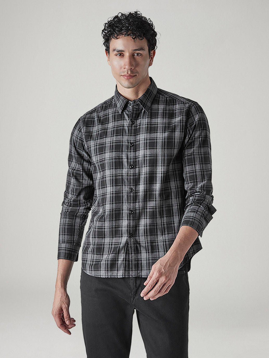 Men's Checkered Slim Fit Redloop Shirt - Front View