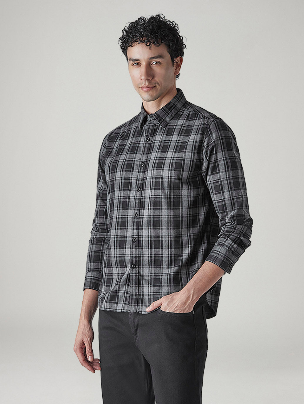 Men's Checkered Slim Fit Redloop Shirt - Side View