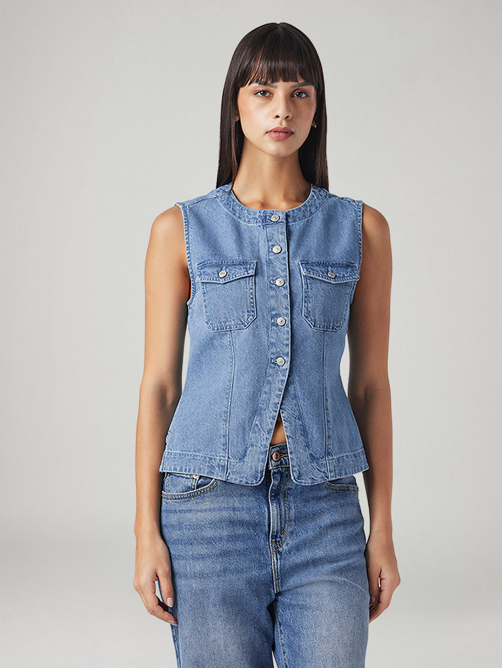 Women's Solid Regular Fit Denim Top - Front View