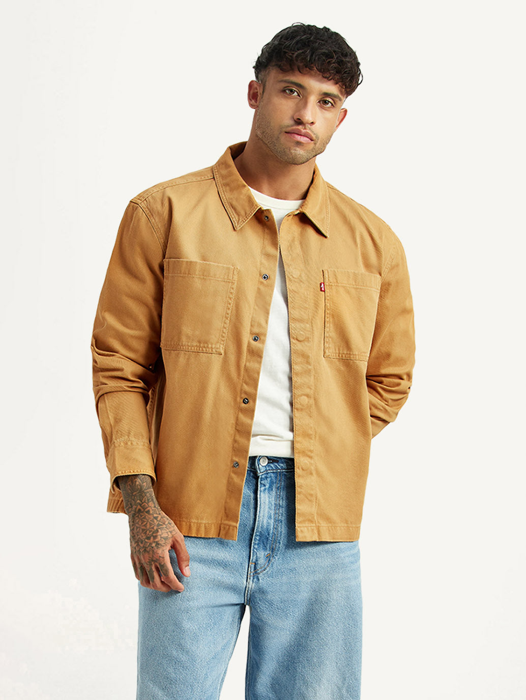 Men's Solid Tan Relaxed Fit Shirt - Styleshot View