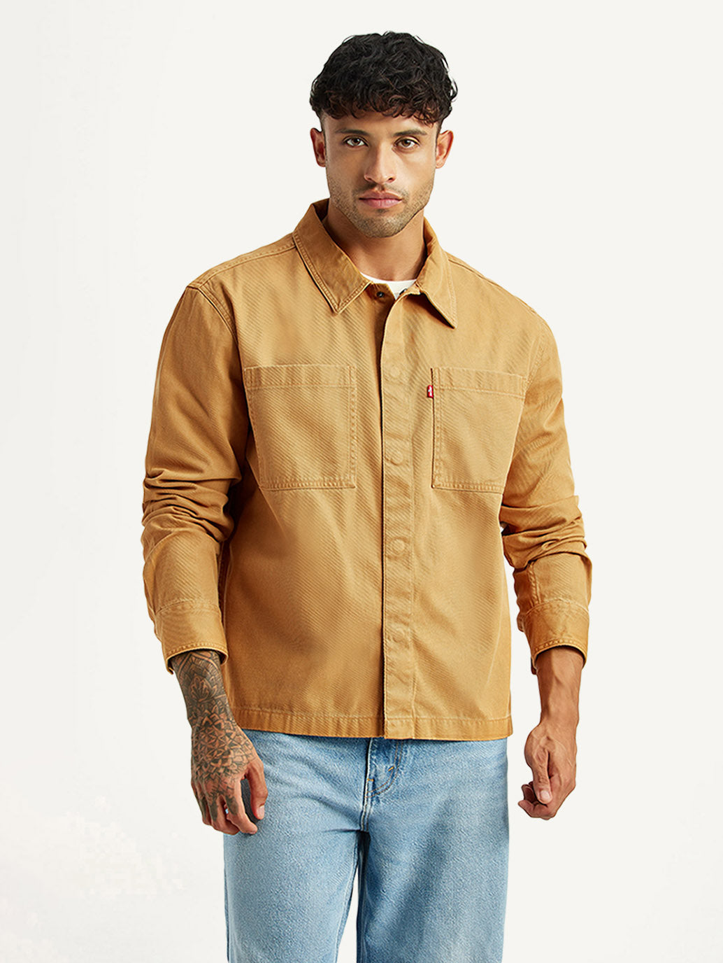 Men's Solid Tan Relaxed Fit Shirt - Front View