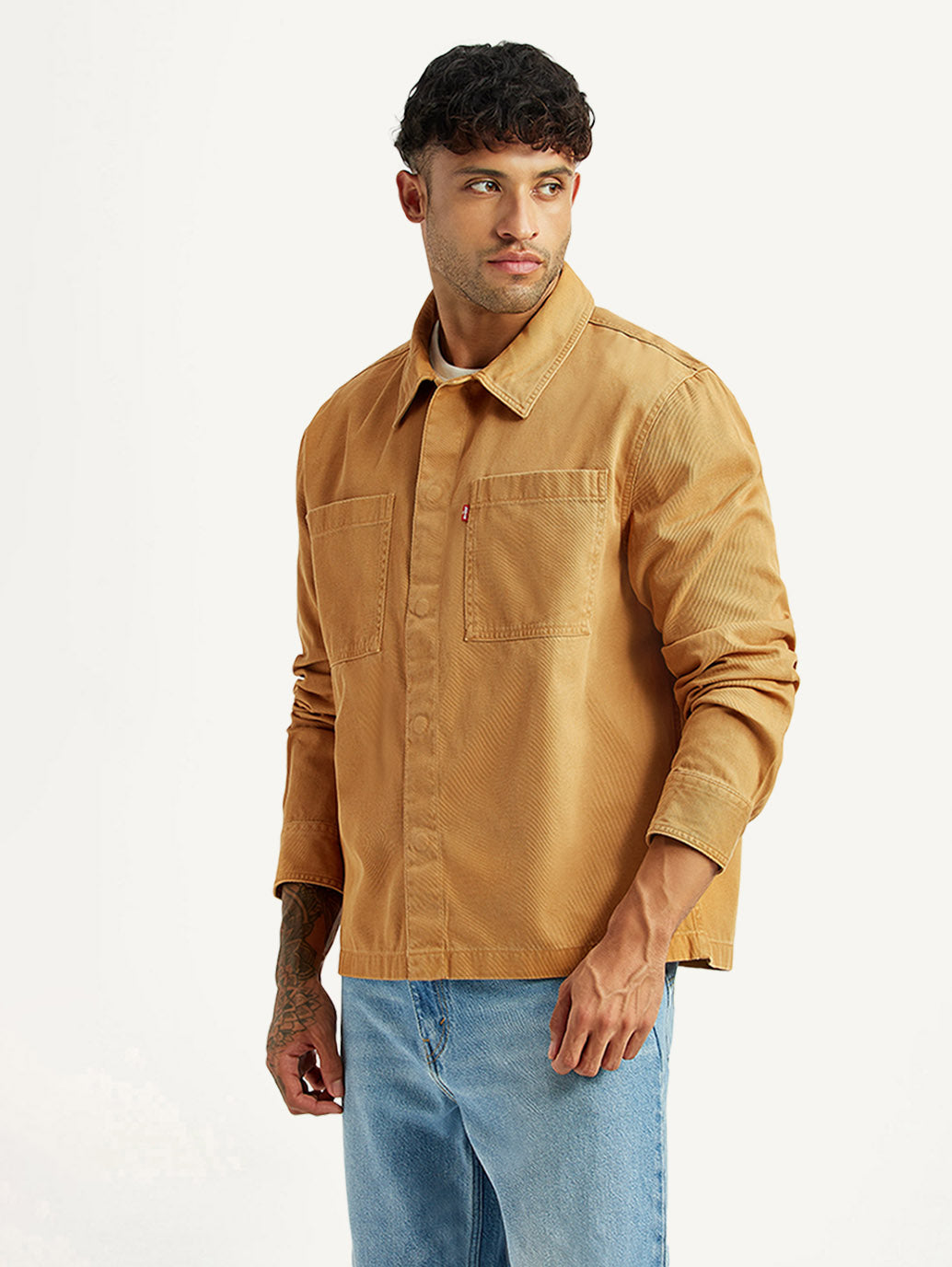 Men's Solid Tan Relaxed Fit Shirt - Side View