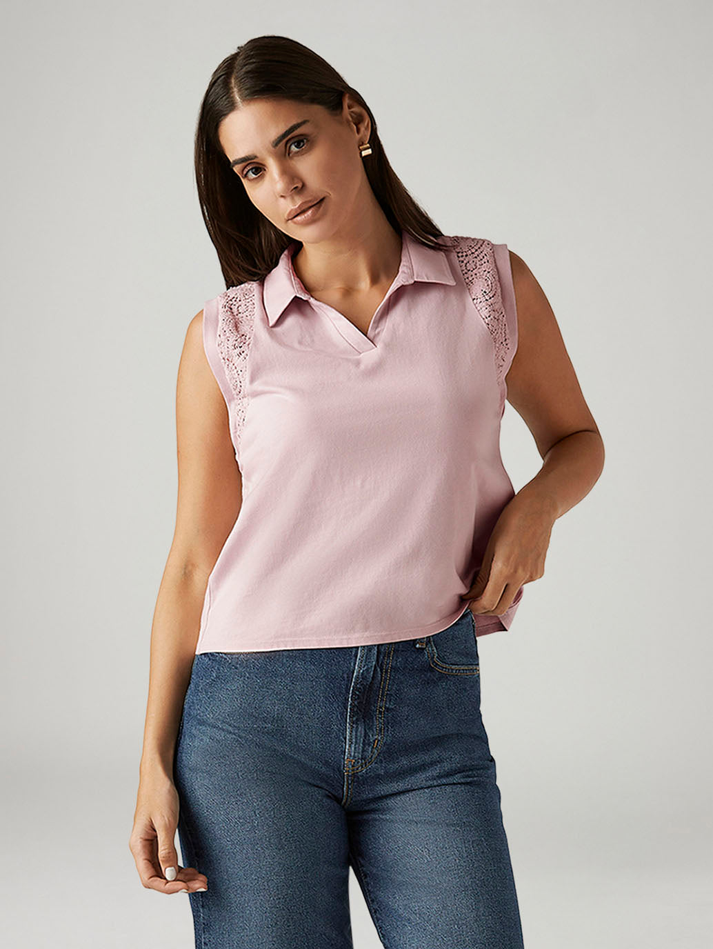 Women's Lace Light Pink Collar Neck Top