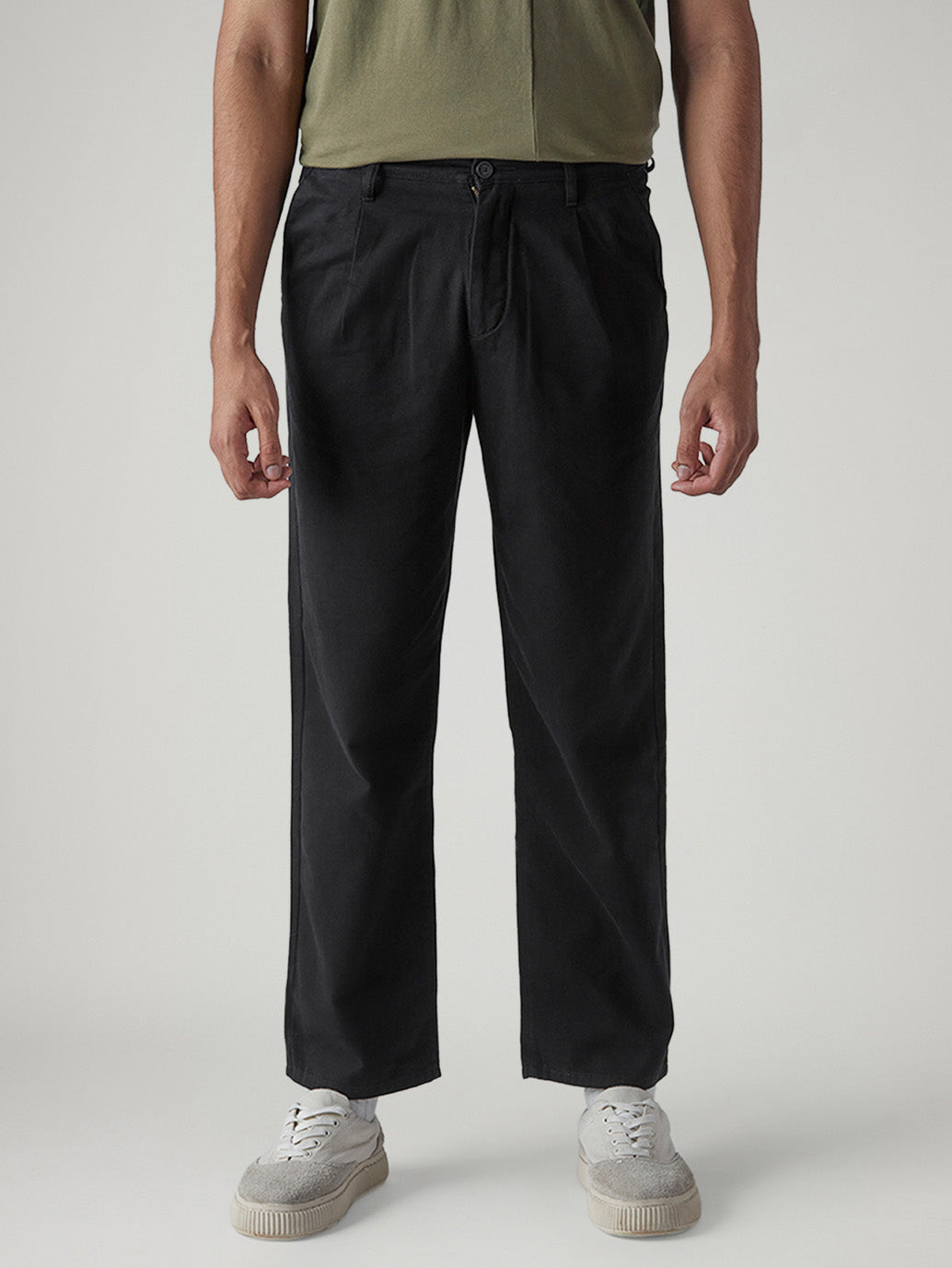 Men's Black Loose Straight Fit Mid Rise Chinos - Front View