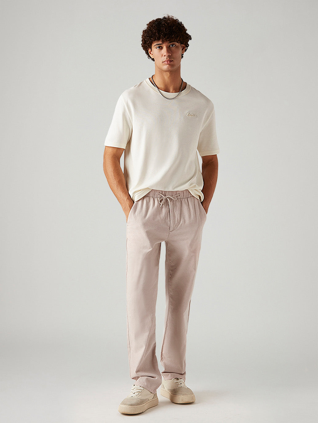 Men's Light Pink Loose Straight Fit Mid Rise Linen Chinos - Styleshot View