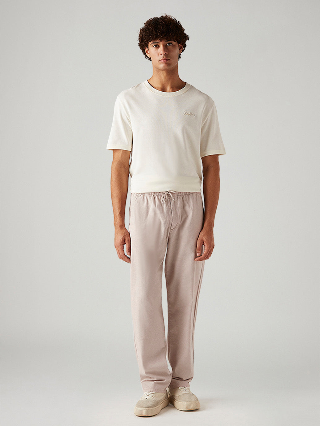 Men's Light Pink Loose Straight Fit Mid Rise Linen Chinos - Front View