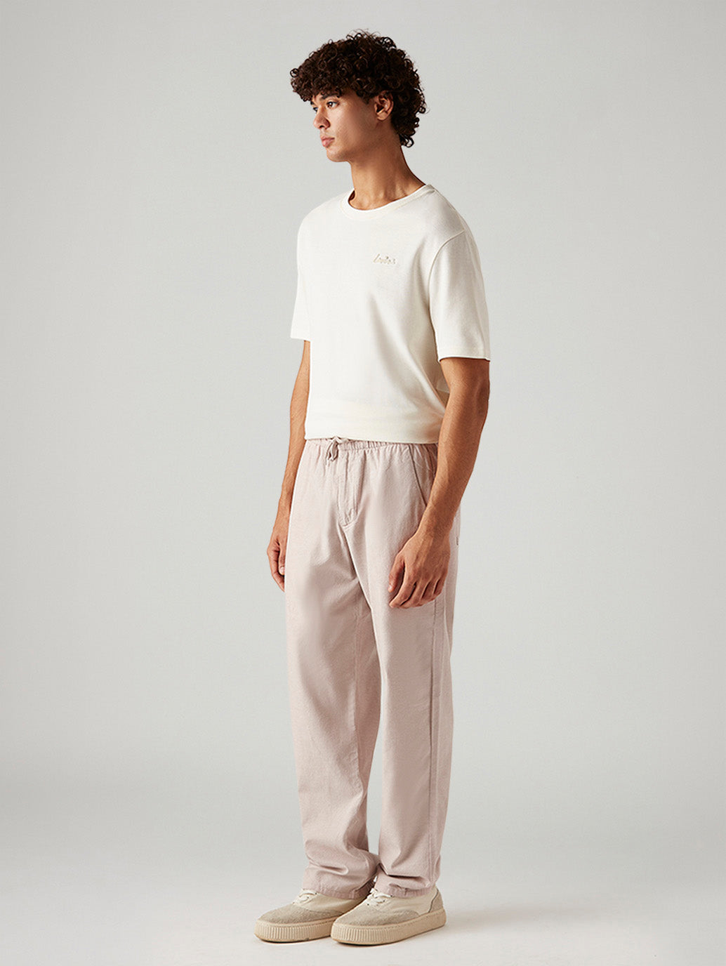 Men's Light Pink Loose Straight Fit Mid Rise Linen Chinos - Side View