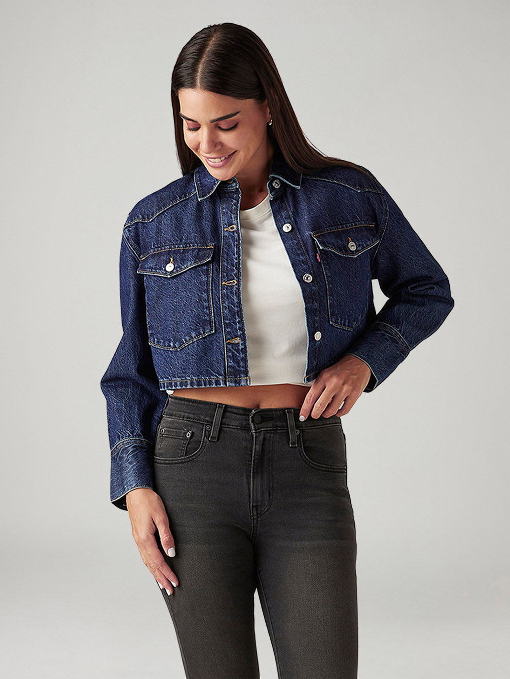 Women's Solid Indigo Denim Jacket - Styleshot View