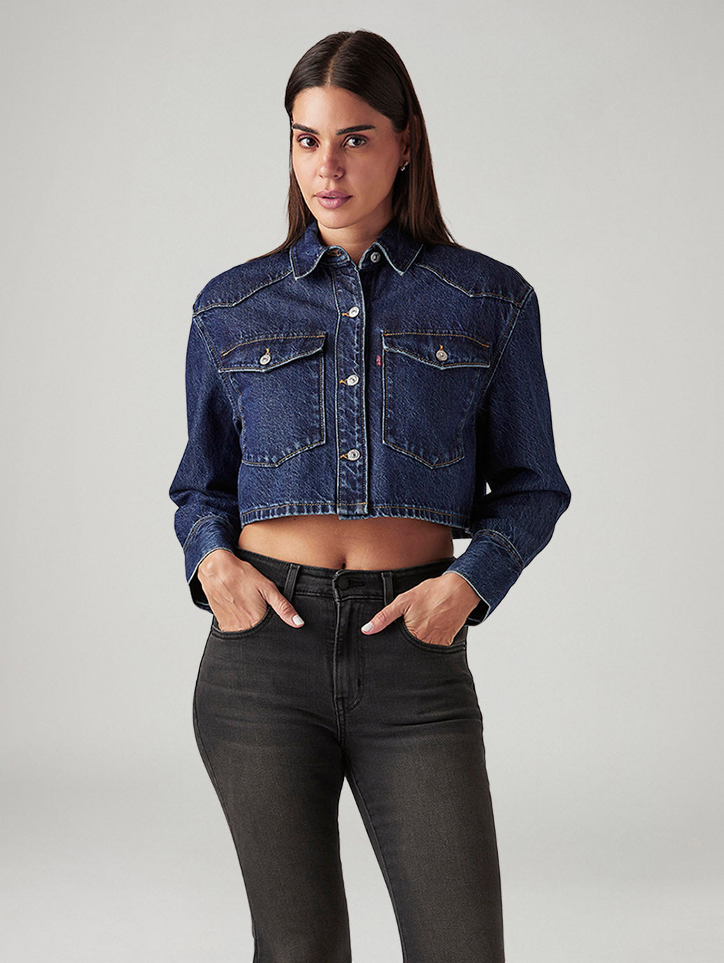 Women's Solid Indigo Denim Jacket - Front View