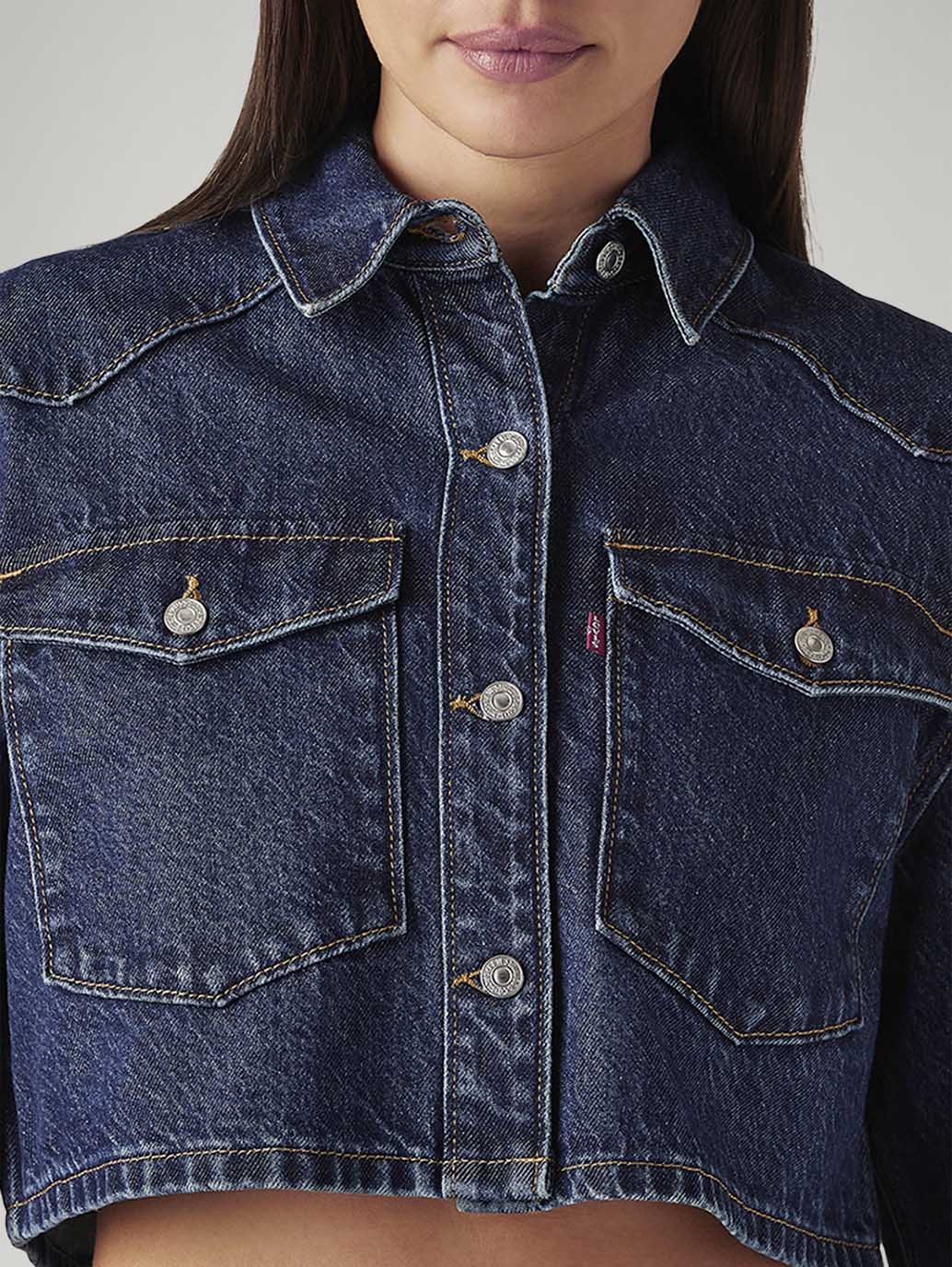 Women's Solid Indigo Denim Jacket - Detail View