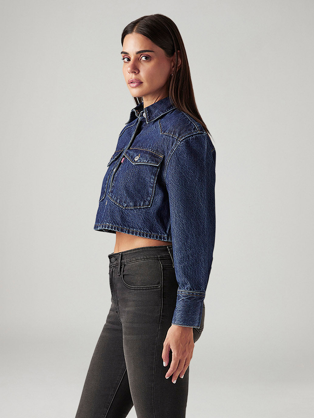 Women's Solid Indigo Denim Jacket - Side View