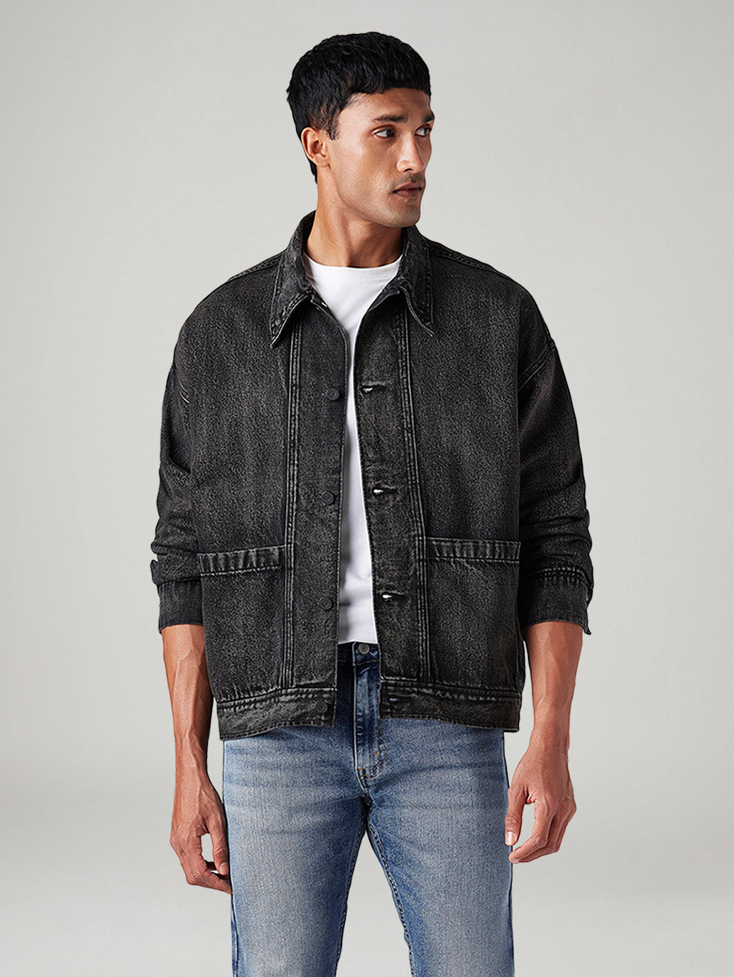 Men's Solid Relaxed Fit Denim Jacket - Front View