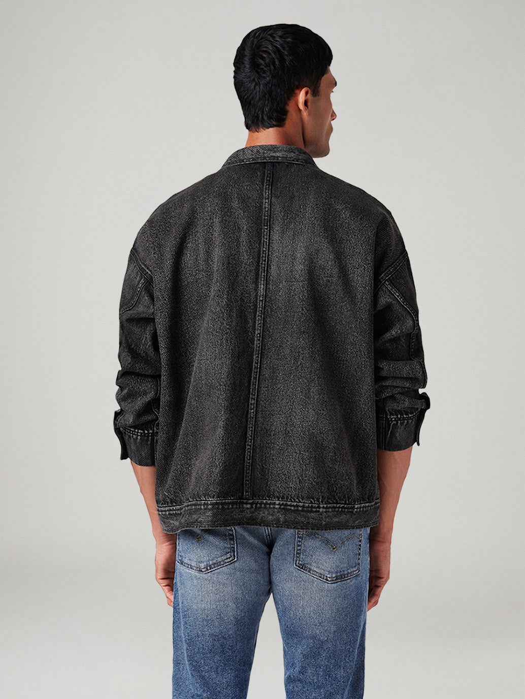 Men's Solid Relaxed Fit Denim Jacket - Back View