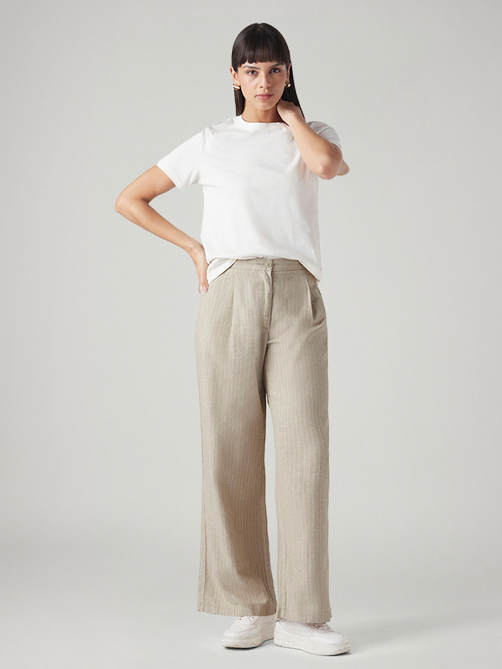 Women's Beige Straight Fit Mid Rise Trousers - Styleshot View