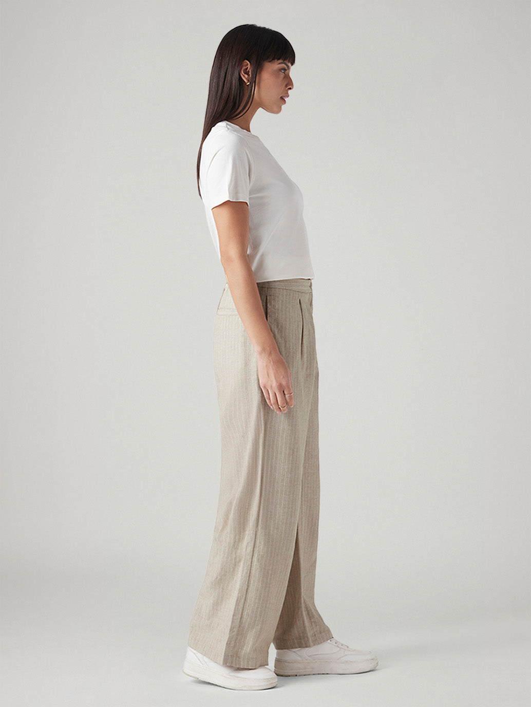 Women's Beige Straight Fit Mid Rise Trousers - Side View