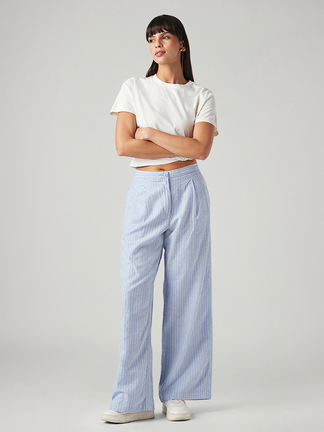 Women's Light Blue Straight Fit Mid Rise Pleated Trousers - Styleshot View