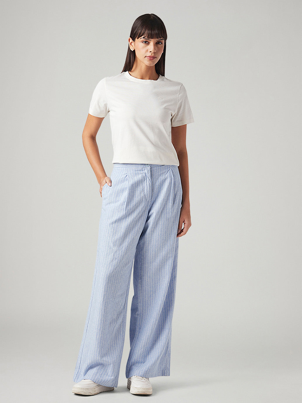 Women's Light Blue Straight Fit Mid Rise Pleated Trousers - Front View