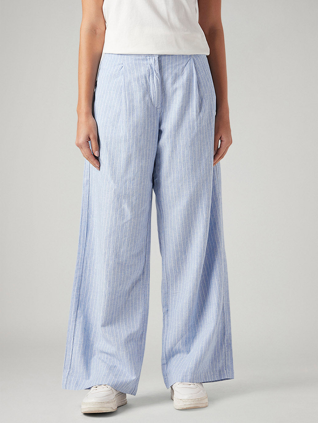 Women's Light Blue Straight Fit Mid Rise Pleated Trousers - Front View