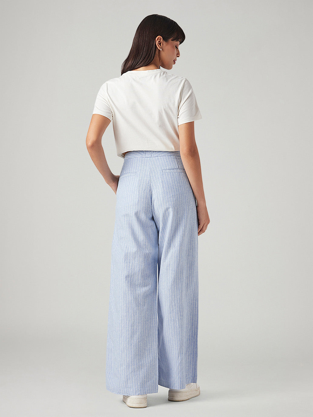 Women's Light Blue Straight Fit Mid Rise Pleated Trousers - Back View