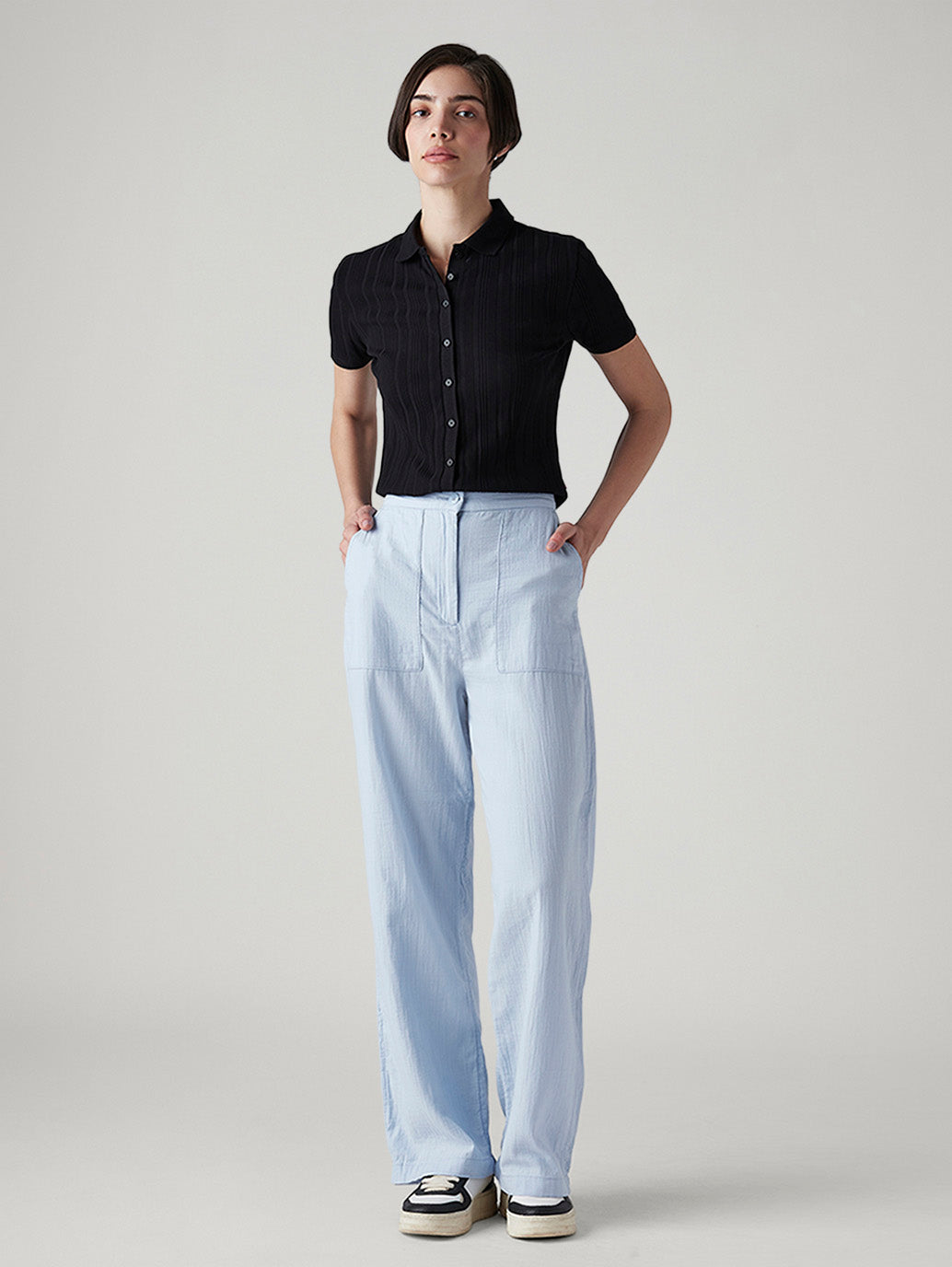 Women's Light Blue Loose Fit High Rise Cargos - Front View