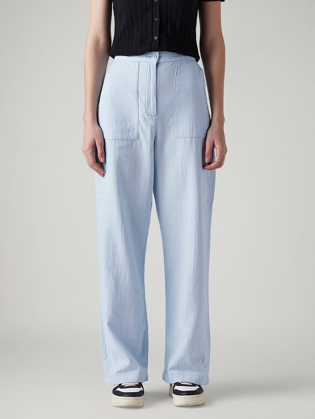 Women's Light Blue Loose Fit High Rise Cargos - Front View