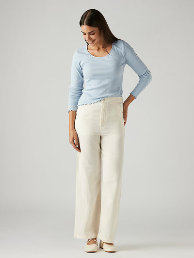 Women's Off White Loose Fit High Rise Trousers