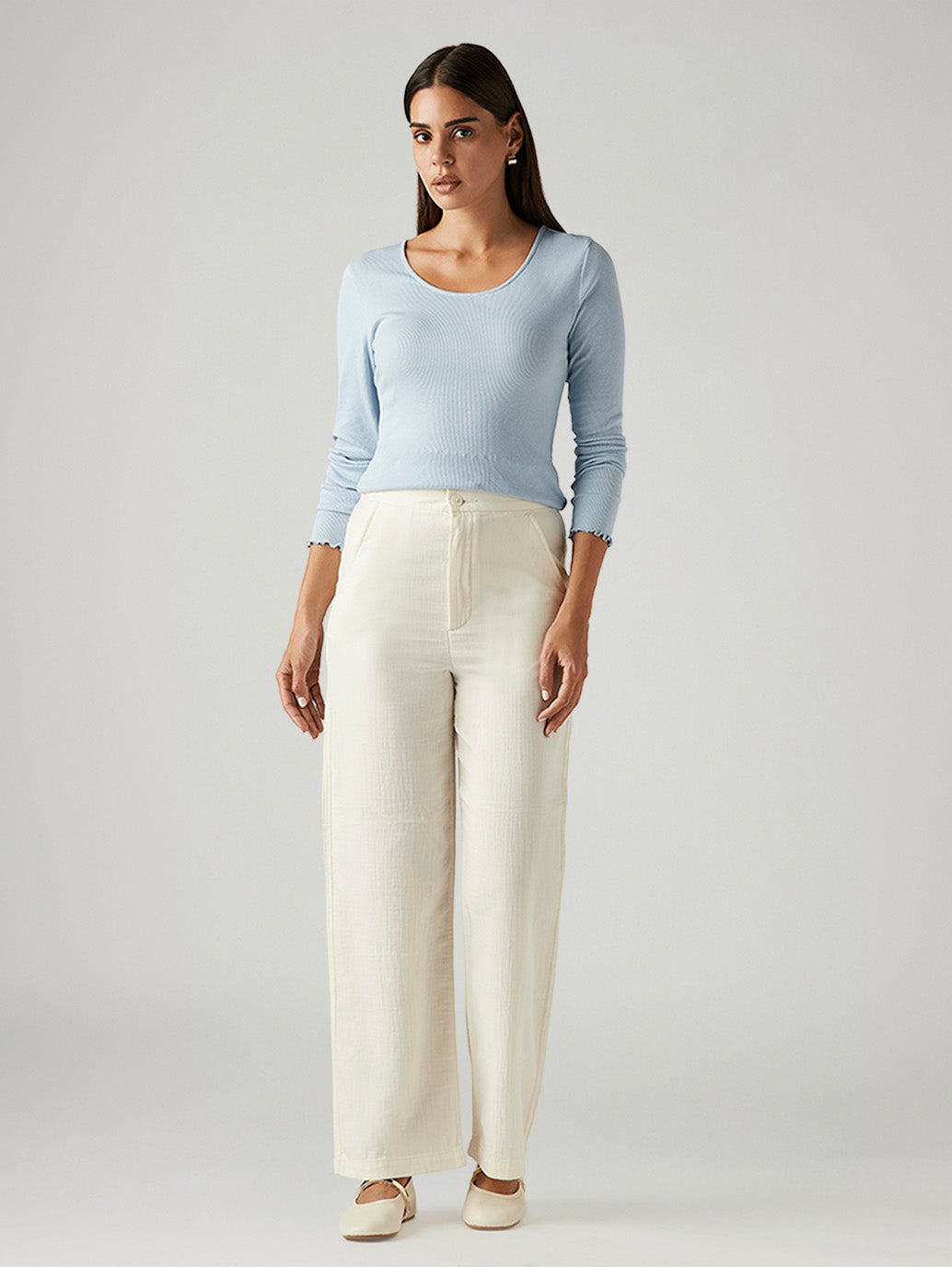 Women's Off White Loose Fit High Rise Trousers - Front View