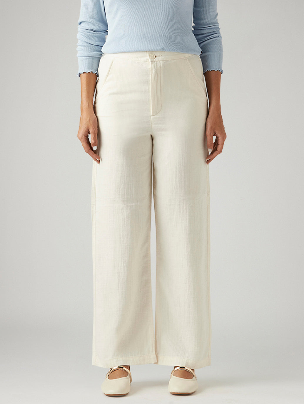 Women's Off White Loose Fit High Rise Trousers - Front View
