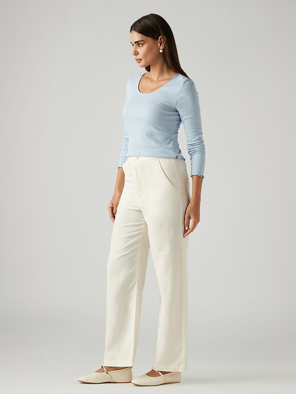 Women's Off White Loose Fit High Rise Trousers - Side View